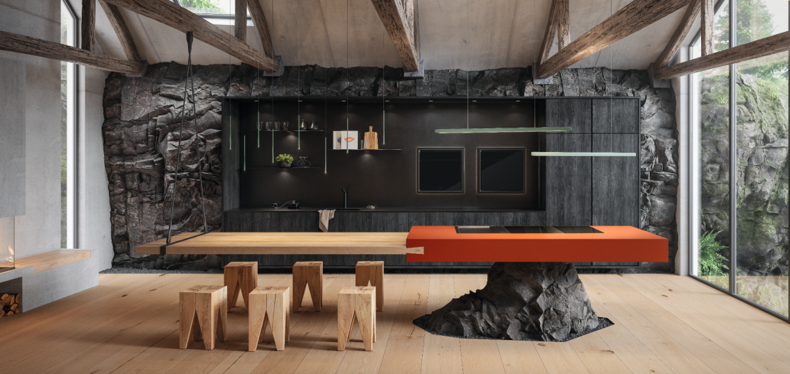Moderne schwarze Designküche mit Kochinsel und Natursteinwand