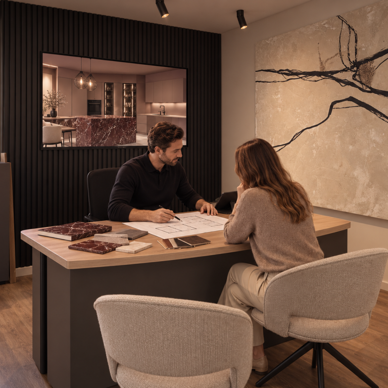 Individuelle Küchenplanung bei WACH Berlin Persönliche Küchenplanung im WACH Studio Berlin mit Grundriss und Materialmustern